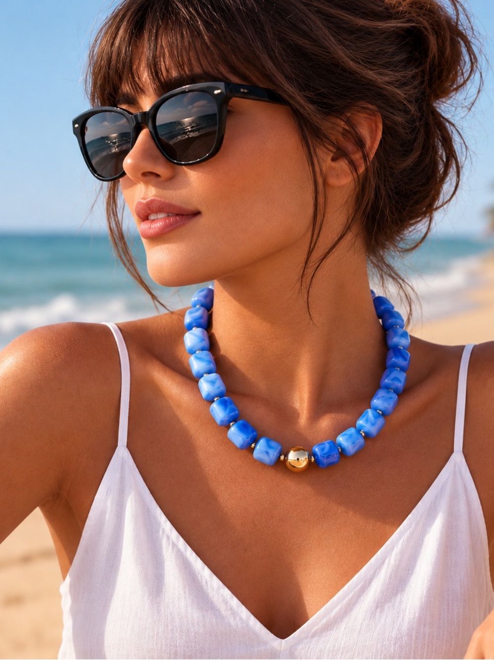 Sky Blue Beaded Necklace with Gold Accent